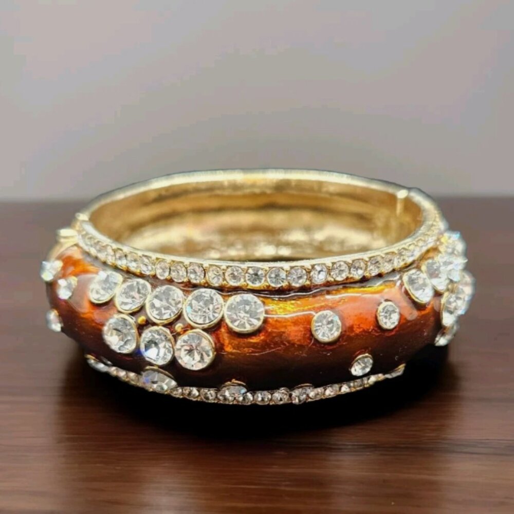 Amber Enameled Gold Tone Cuff Bangle Bracelet Rhinestone Crystals Armlet Hinged
